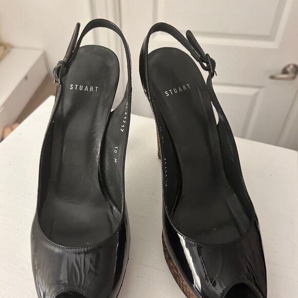Stuart Weitzman Women's Peep Toe Black Patent Leather Platform Heels - Picture 7 of 14